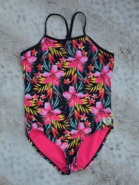 Hurley One-Piece Swimsuit 10/12 Girls Black With Pink & Yellow Floral Print